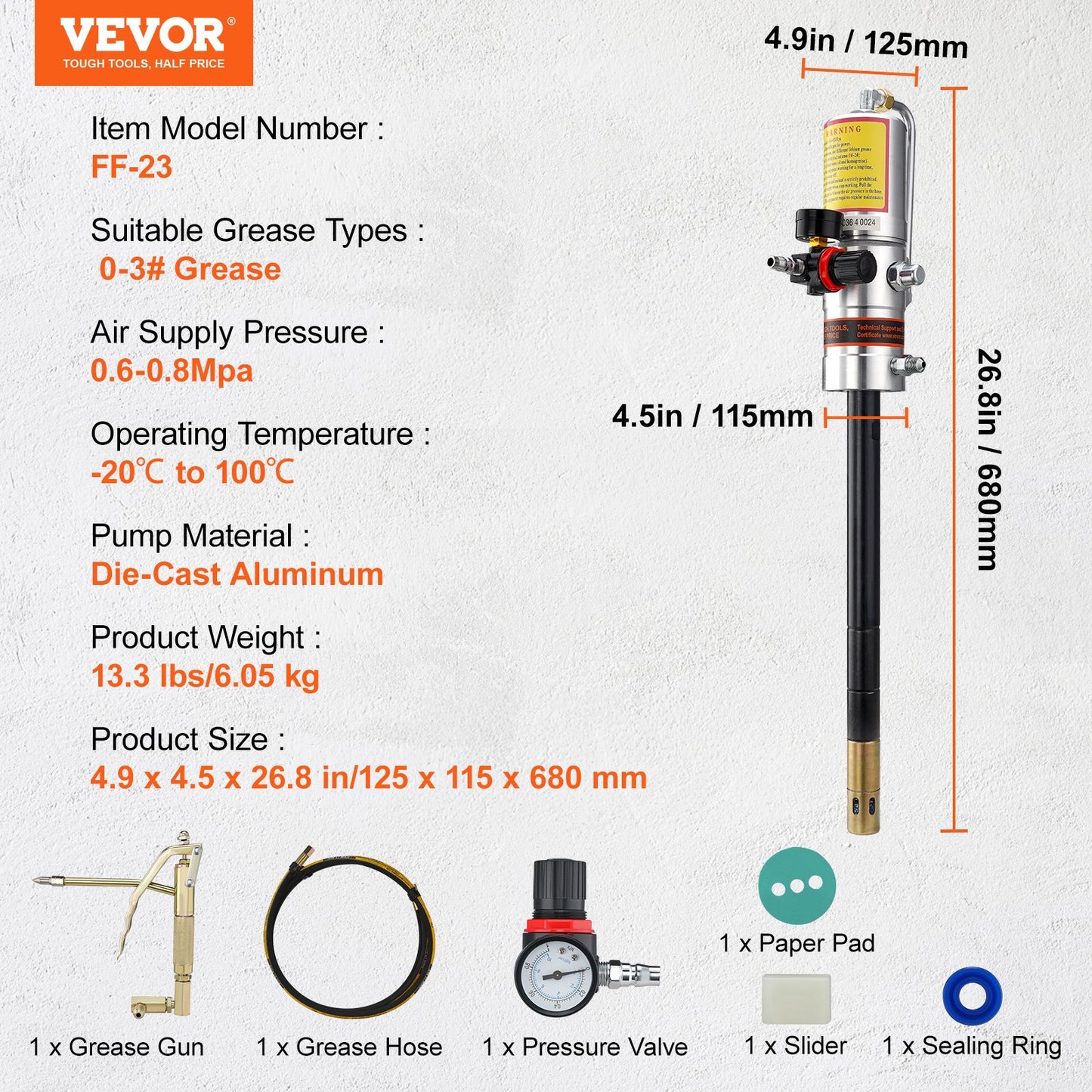 Grease Pump, 50:1 Pressure Ratio Air Powered Grease Pump with 13 Feet High Pressure Hose and Grease Gun, Pneumatic Grease Pump, Portable Lubricating Grease Pump with 360° Swivel Grease Gun Head