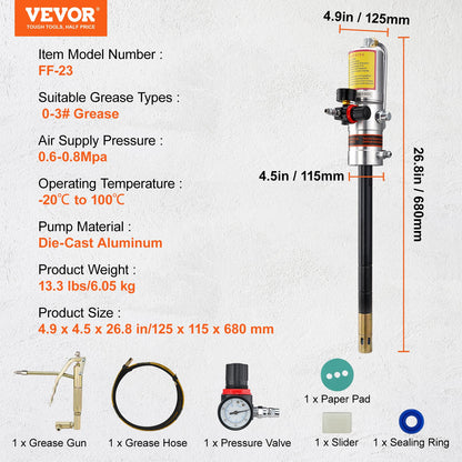 Grease Pump, 50:1 Pressure Ratio Air Powered Grease Pump with 13 Feet High Pressure Hose and Grease Gun, Pneumatic Grease Pump, Portable Lubricating Grease Pump with 360° Swivel Grease Gun Head