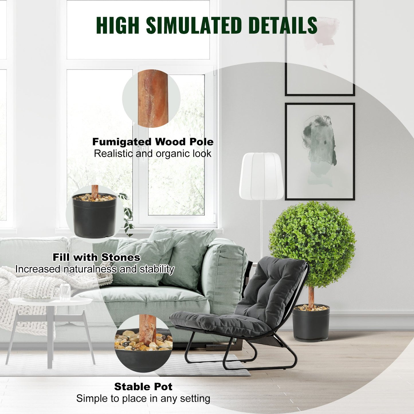 Konstgjorda topiaries buxbomsträd, 24 tum höga (2 stycken), kulformade faux topiaries växt med planteringar, grön feaux planta med utbytbara löv och port för dekorativ inomhus/utomhus/trädgård