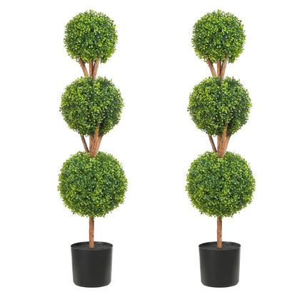 Konstgjorda topiaries buxbomsträd, 48 tum höga (2 stycken), 3 kulformade faux topiaries växt med planteringar, grön feaux planta med utbytbara löv och port för dekorativ inomhus/utomhus/trädgård