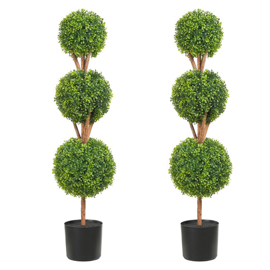 Artificial Topiaries Boxwood Trees, 48 Inch Tall (2 Pieces), 3 Ball Shaped Faux Topiaries Plant with Planters, Green Feaux Plant with Replaceable Leaves and Gate for Indoor/Outdoor/Garden Decorative