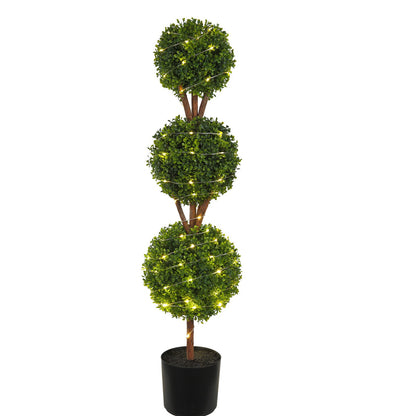 Konstgjorda topiaries buxbomsträd, 48 tum höga (2 stycken), 3 kulformade faux topiaries växt med planteringar, grön feaux planta med utbytbara löv och port för dekorativ inomhus/utomhus/trädgård