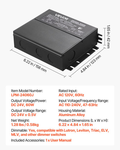 60W Dimmable LED Driver, 24V, Triac/ELV/MLV AC to DC Power Supply Transformer for LED Strip Light, Smooth Flicker-Free Dimming, Constant Voltage, Compatible with Lutron and Leviton Dimmer Switch