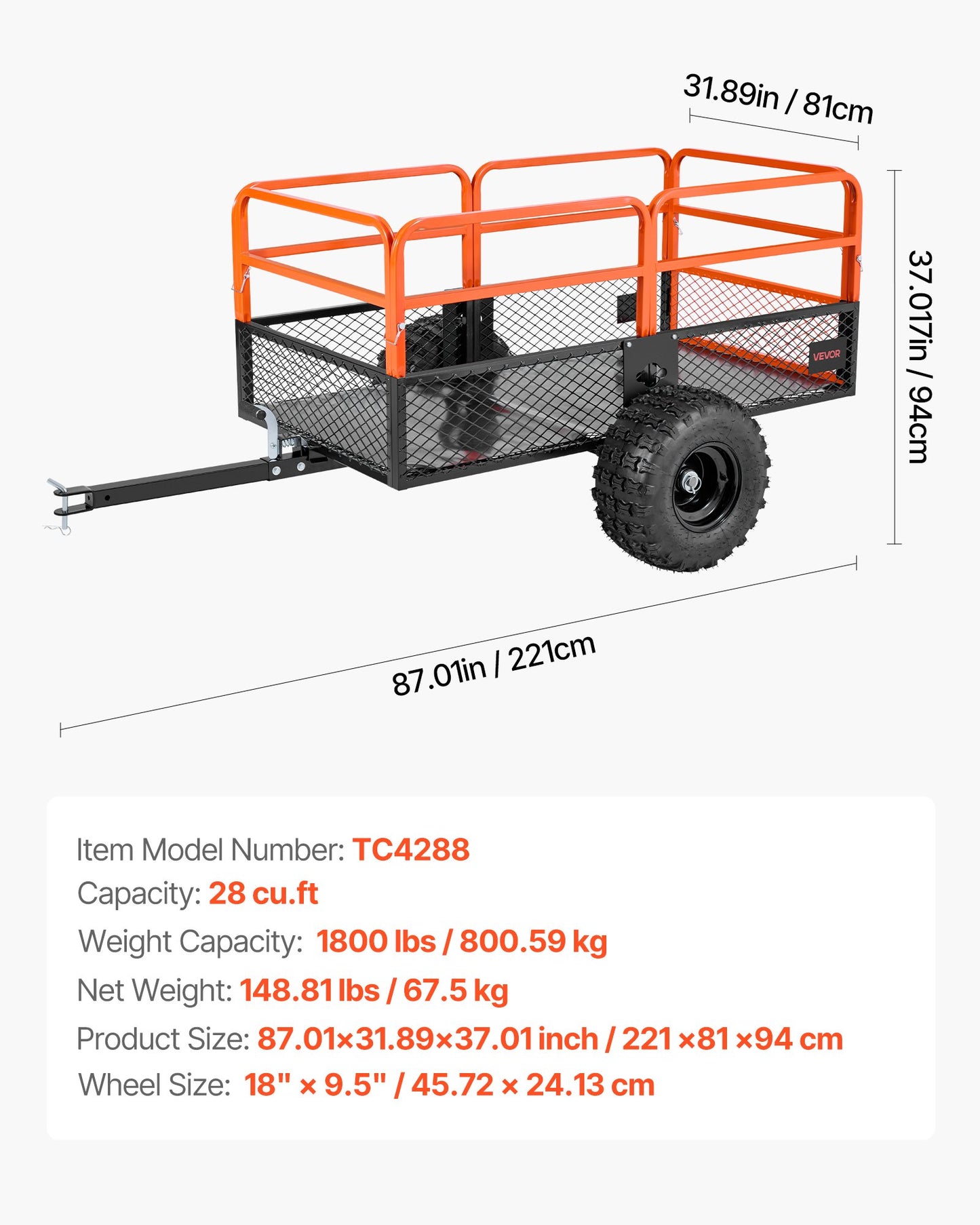 Garden Utility Trailer, 28 Cu. Ft. & 1800lbs, ATV UTV Trailer, Tow Behind Steel Dump Trailers, Removable Rear Panel, Heavy Duty Pull Behind Yard Trailers for Lawn Mower Tractor Garden Waste