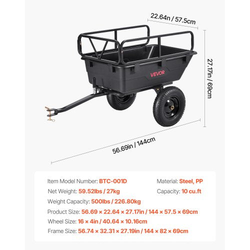 Muldenkipper 500 lbs 10 cu. ft gezogen hinter Kunststoffanhänger für ATV Garten