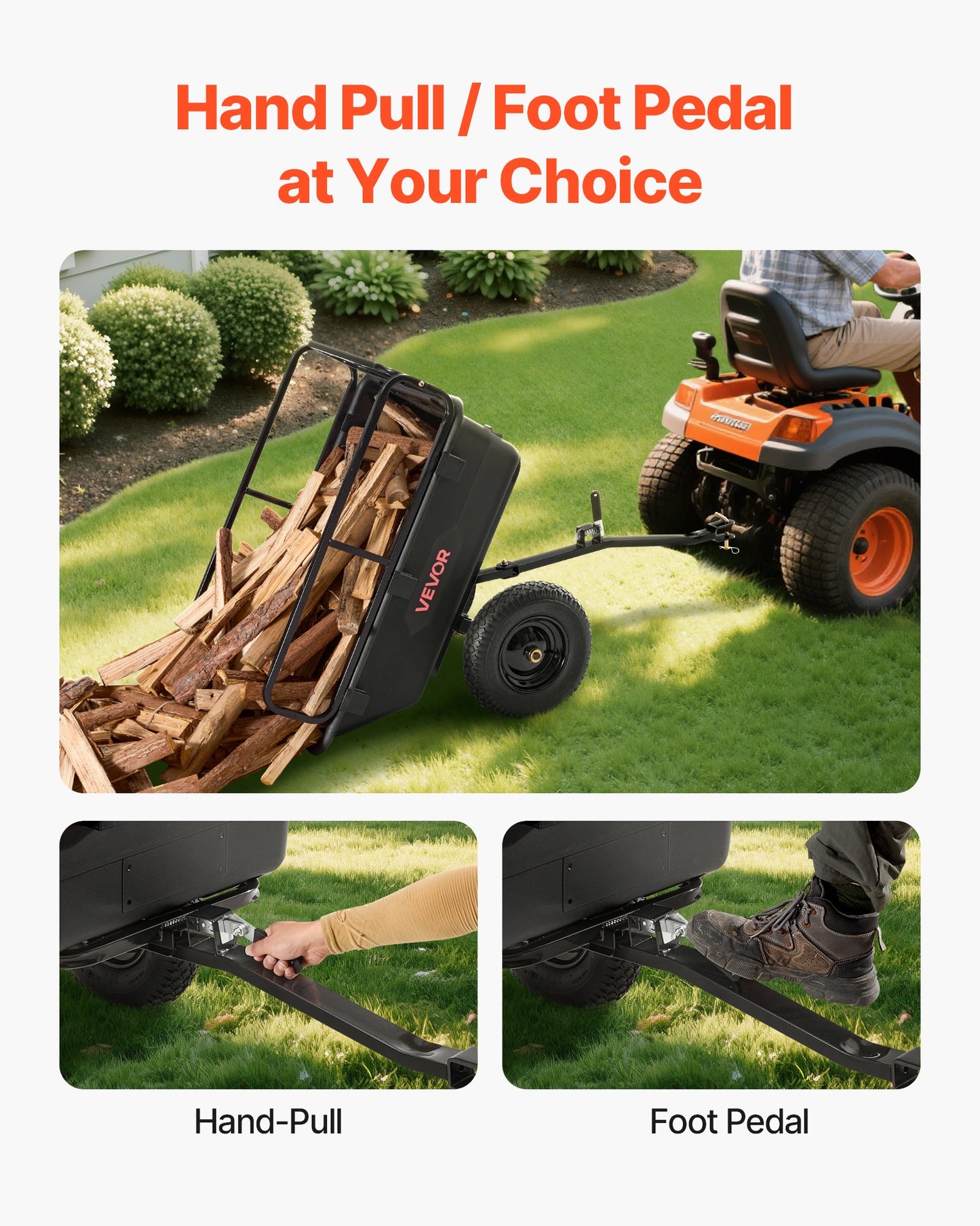 Garden Utility Trailer, 10 Cu. Ft 500lbs, ATV UTV Hauling Trailer, Tow Behind Poly Dump Cart with 16" Tires, Hand Pull or Foot Pedal, Heavy Duty Yard Trailers for Lawn Mower Tractor Garden Waste