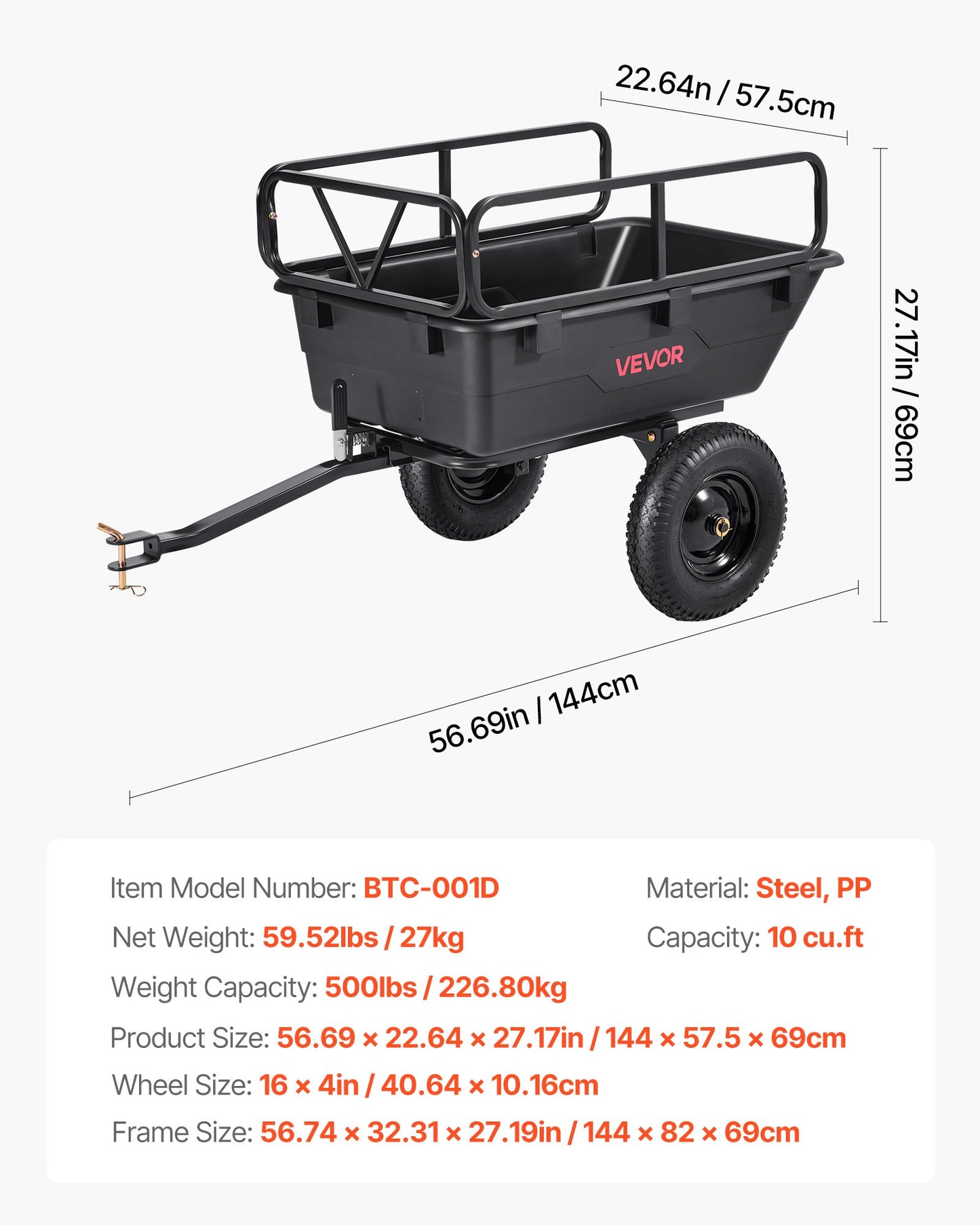 Garden Utility Trailer, 10 Cu. Ft 500lbs, ATV UTV Hauling Trailer, Tow Behind Poly Dump Cart with 16" Tires, Hand Pull or Foot Pedal, Heavy Duty Yard Trailers for Lawn Mower Tractor Garden Waste