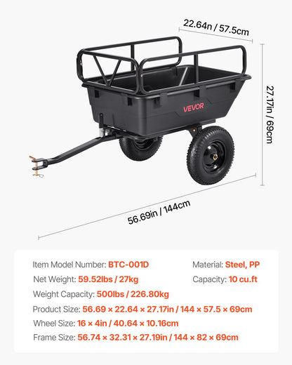 Garden Utility Trailer, 10 Cu. Ft 500lbs, ATV UTV Hauling Trailer, Tow Behind Poly Dump Cart with 16" Tires, Hand Pull or Foot Pedal, Heavy Duty Yard Trailers for Lawn Mower Tractor Garden Waste