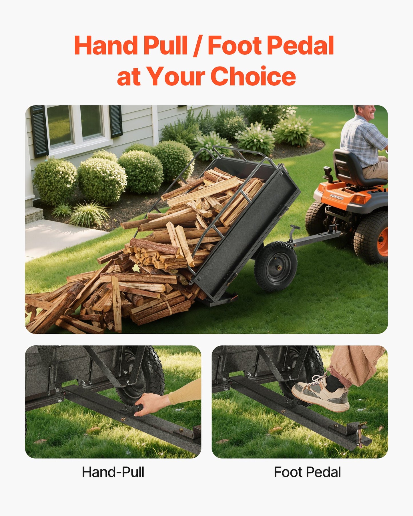 Garden Utility Trailer, 10 Cu. Ft & 500lbs Capacity, ATV UTV Hauling Trailer, Tow Behind Steel Dump Cart with 14" Tires, Hand Pull or Foot Pedal, Heavy Duty Yard Trailers for Lawn Mower Tractor