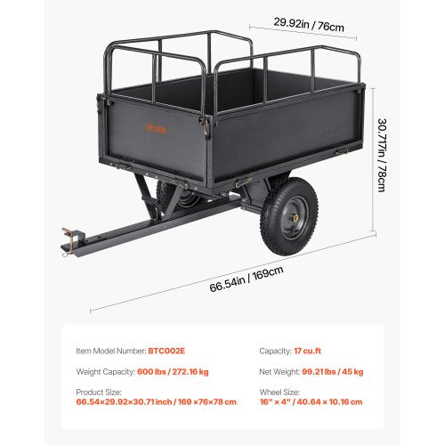 steel dump trailer 17 cubic feet 600 lb for ATV/UTV trailer behind heavy load