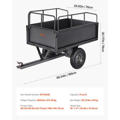 steel dump trailer 17 cubic feet 600 lb for ATV/UTV trailer behind heavy load