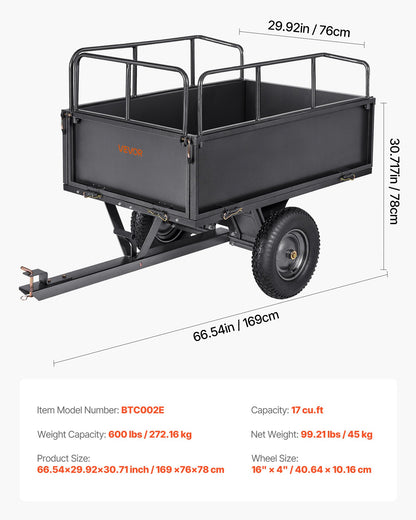 Garden Utility Trailer, 17 Cu. Ft & 600lbs Capacity, ATV UTV Hauling Trailer, Tow Behind Steel Dump Cart with 16" Tires, Hand Pull or Foot Pedal, Heavy Duty Yard Trailers for Lawn Mower Tractor