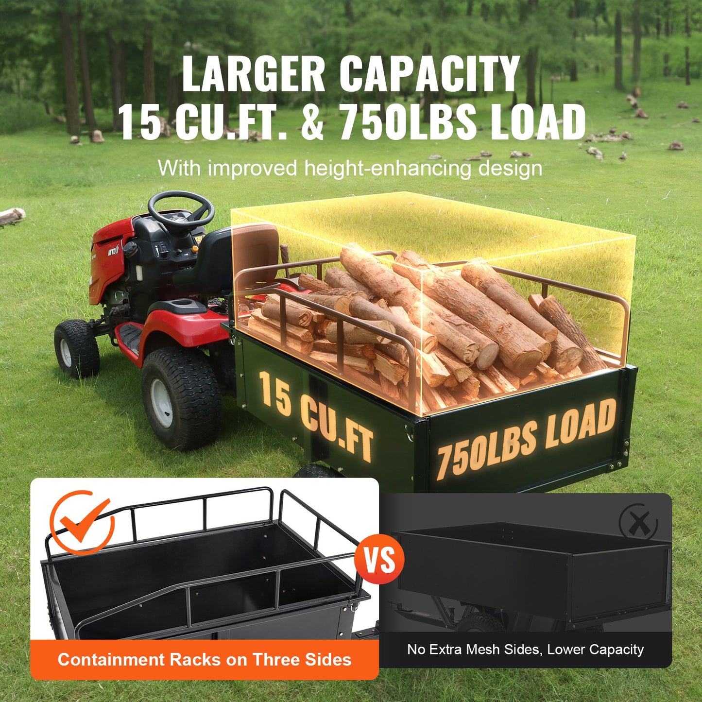 Heavy Duty ATV Trailer Steel Dump Cart, 750-Pound 15 Cubic Feet, Garden Utility Trailer with Removable Sides for Riding Lawn Mower Tractor