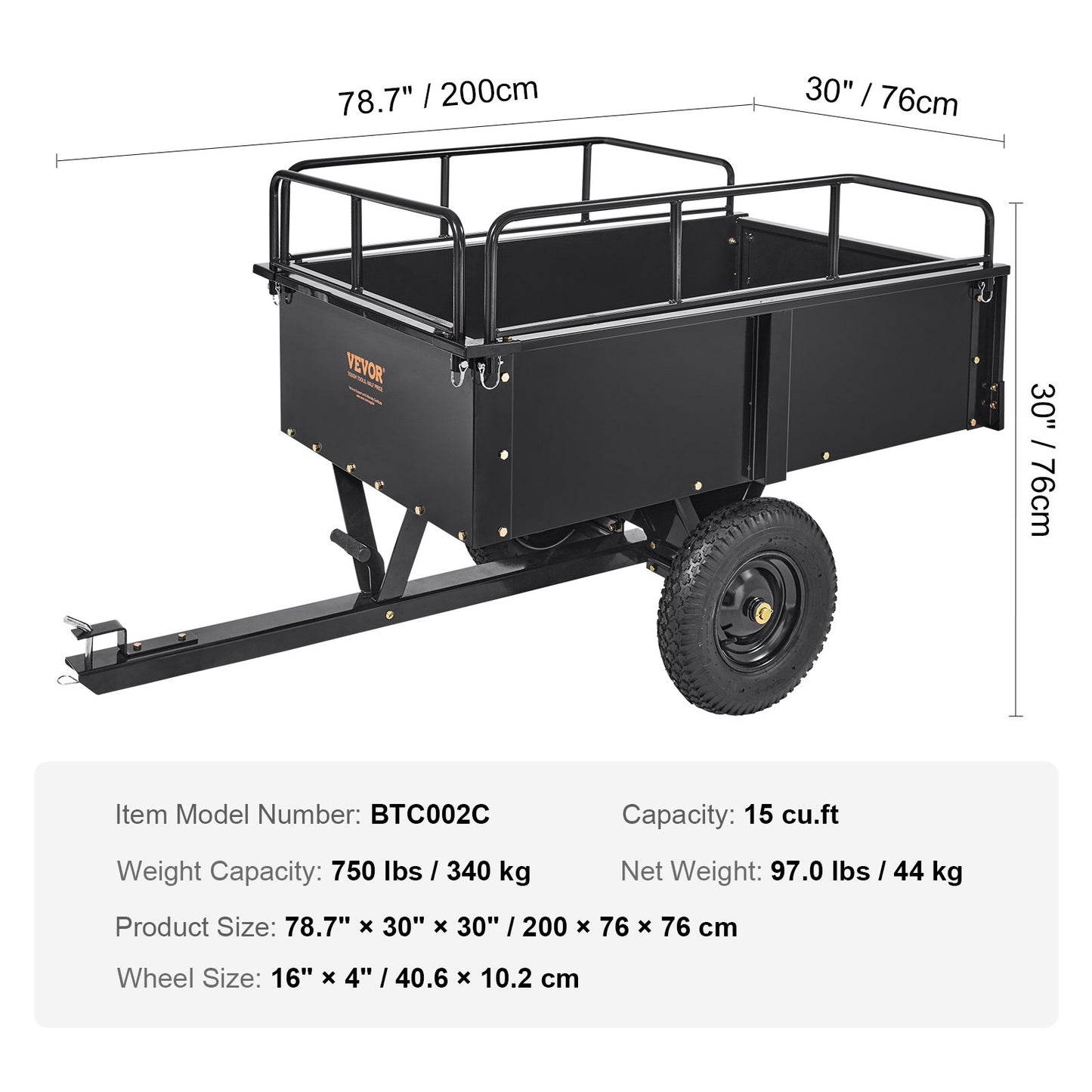 Heavy Duty ATV Trailer Steel Dump Cart, 750-Pound 15 Cubic Feet, Garden Utility Trailer with Removable Sides for Riding Lawn Mower Tractor