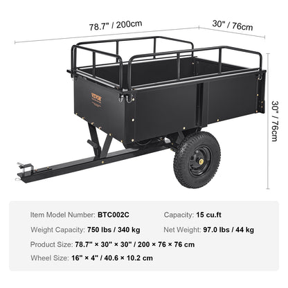 Heavy Duty ATV Trailer Steel Dump Cart, 750-Pound 15 Cubic Feet, Garden Utility Trailer with Removable Sides for Riding Lawn Mower Tractor