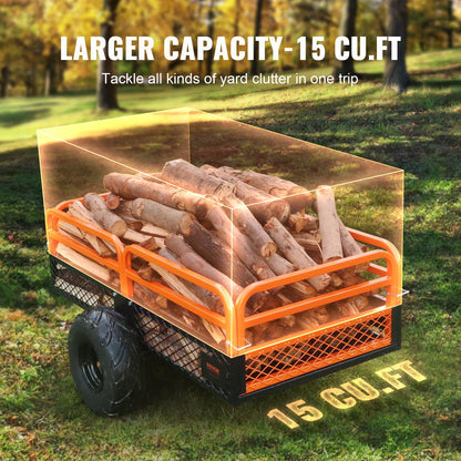 Hochleistungs-ATV-Kippanhänger aus Stahl, 1500 Pfund Tragkraft, 15 Kubikfuß, Gartenanhänger zum Hinterherziehen mit abnehmbaren Seitenwänden und 2 Reifen, für Rasenmäher, Traktoren, ATVs, UTVs