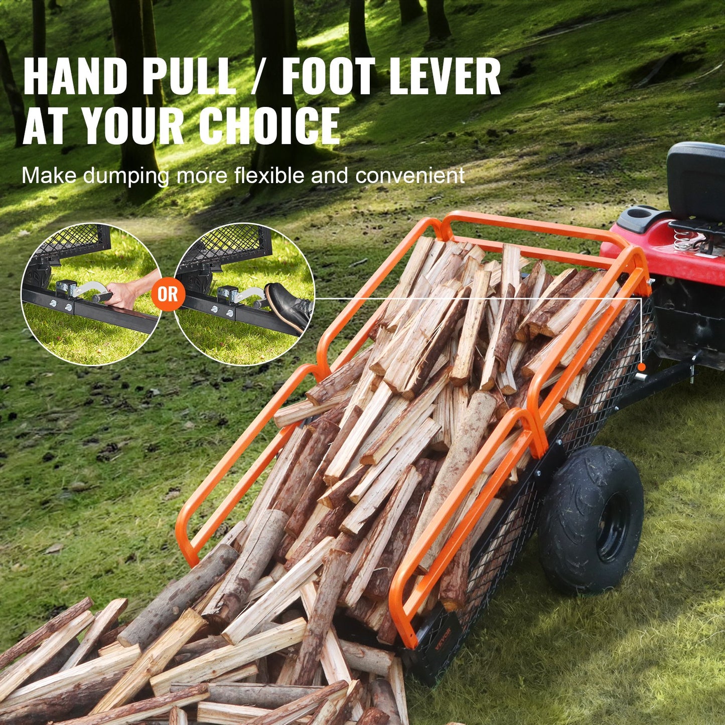 Hochleistungs-ATV-Kippanhänger aus Stahl, 1500 Pfund Tragkraft, 15 Kubikfuß, Gartenanhänger zum Hinterherziehen mit abnehmbaren Seitenwänden und 2 Reifen, für Rasenmäher, Traktoren, ATVs, UTVs