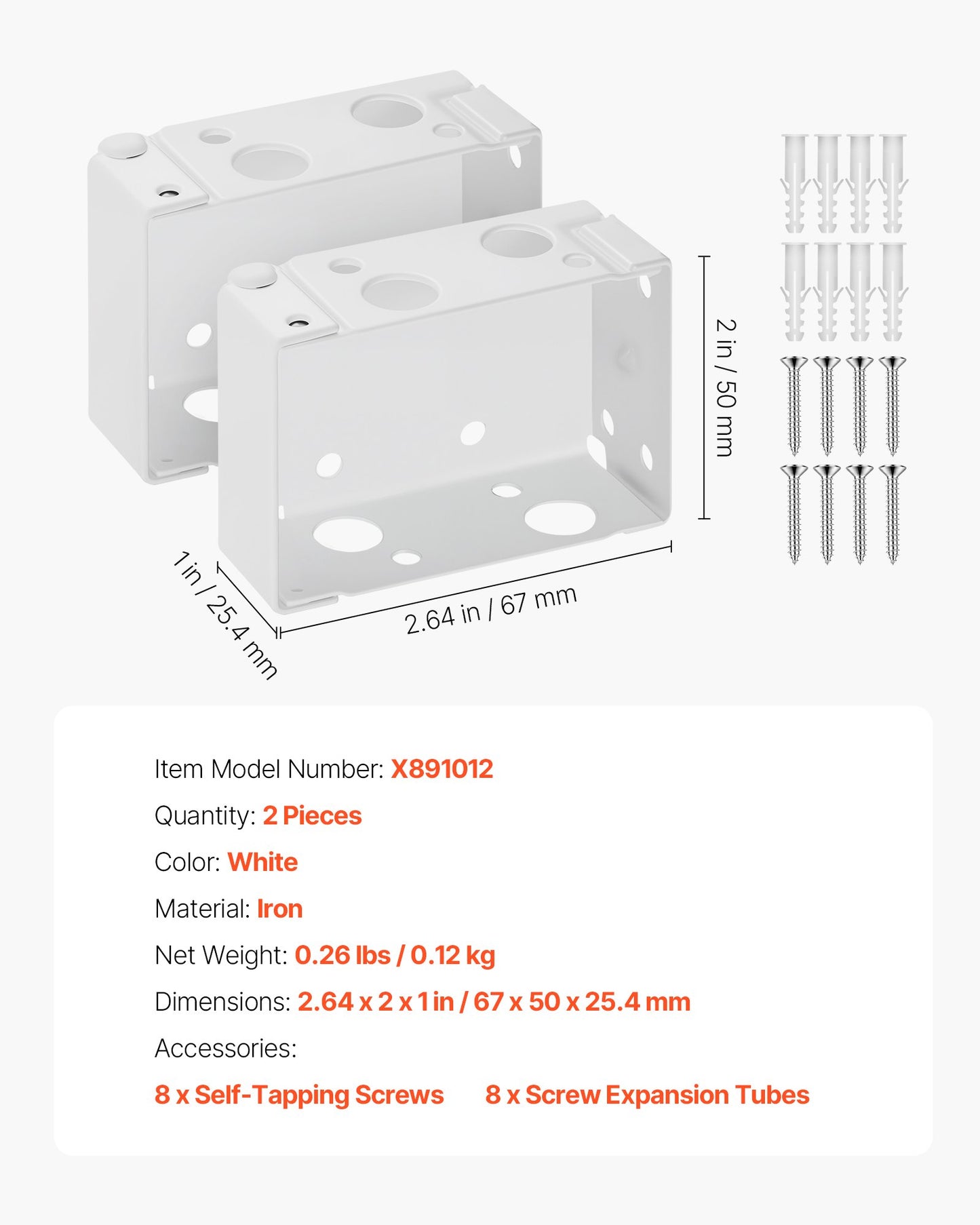 Box Mounting Brackets, 2 Pcs, Box Blind Bracket for Window Blinds, Fit for 1.5 x 2.25 inch Headrails, with Self-Tapping Screws and Expansion Tubes, Sturdy Iron, for Blinds Installation, White