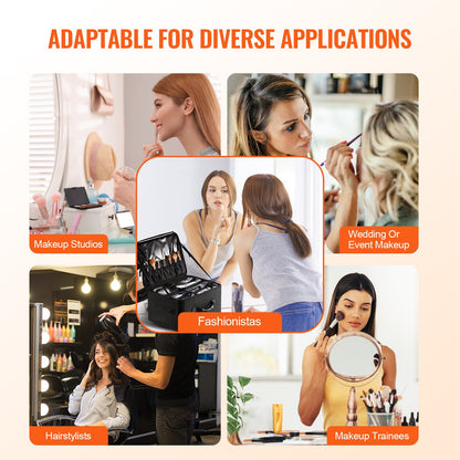 Rollbarer Make-up-Koffer mit großem Stauraum, 3 Ebenen, bequem zu tragen mit Griff, Rädern, Riemen, professionelle Make-up-Aufbewahrungsbox, Make-up-Halter, wasserdichtes Oxford-Gewebe, Schwarz