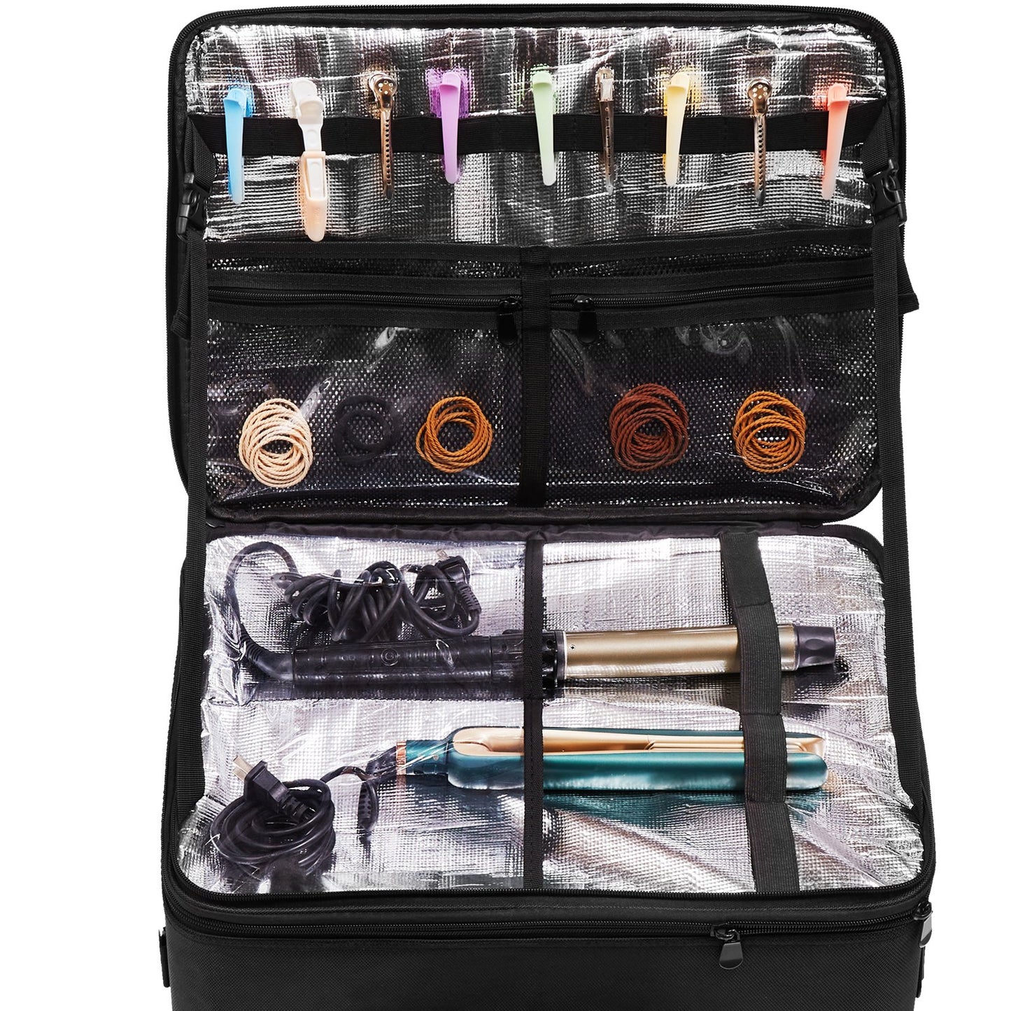 Rollbarer Make-up-Koffer mit großem Stauraum, 3 Ebenen, bequem zu tragen mit Griff, Rädern, Riemen, professionelle Make-up-Aufbewahrungsbox, Make-up-Halter, wasserdichtes Oxford-Gewebe, Schwarz