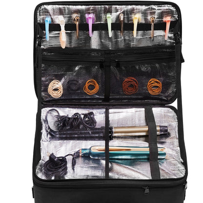 Rollbarer Make-up-Koffer mit großem Stauraum, 3 Ebenen, bequem zu tragen mit Griff, Rädern, Riemen, professionelle Make-up-Aufbewahrungsbox, Make-up-Halter, wasserdichtes Oxford-Gewebe, Schwarz