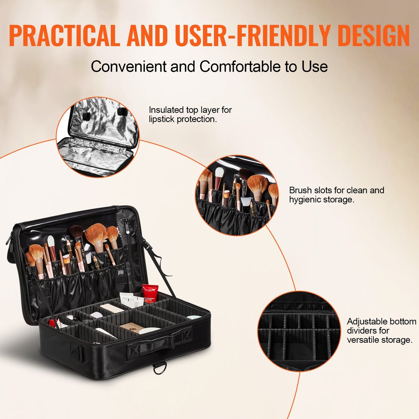 Schminkkoffer mit großem Stauraum, 3 Ebenen, praktischer Tragegriff, Riemen, professionelle wasserdichte Oxford-Schminkbox, robuster Schminkkoffer, Schwarz