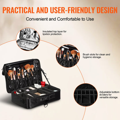 Schminkkoffer mit großem Stauraum, 3 Ebenen, praktischer Tragegriff, Riemen, professionelle wasserdichte Oxford-Schminkbox, robuster Schminkkoffer, Schwarz