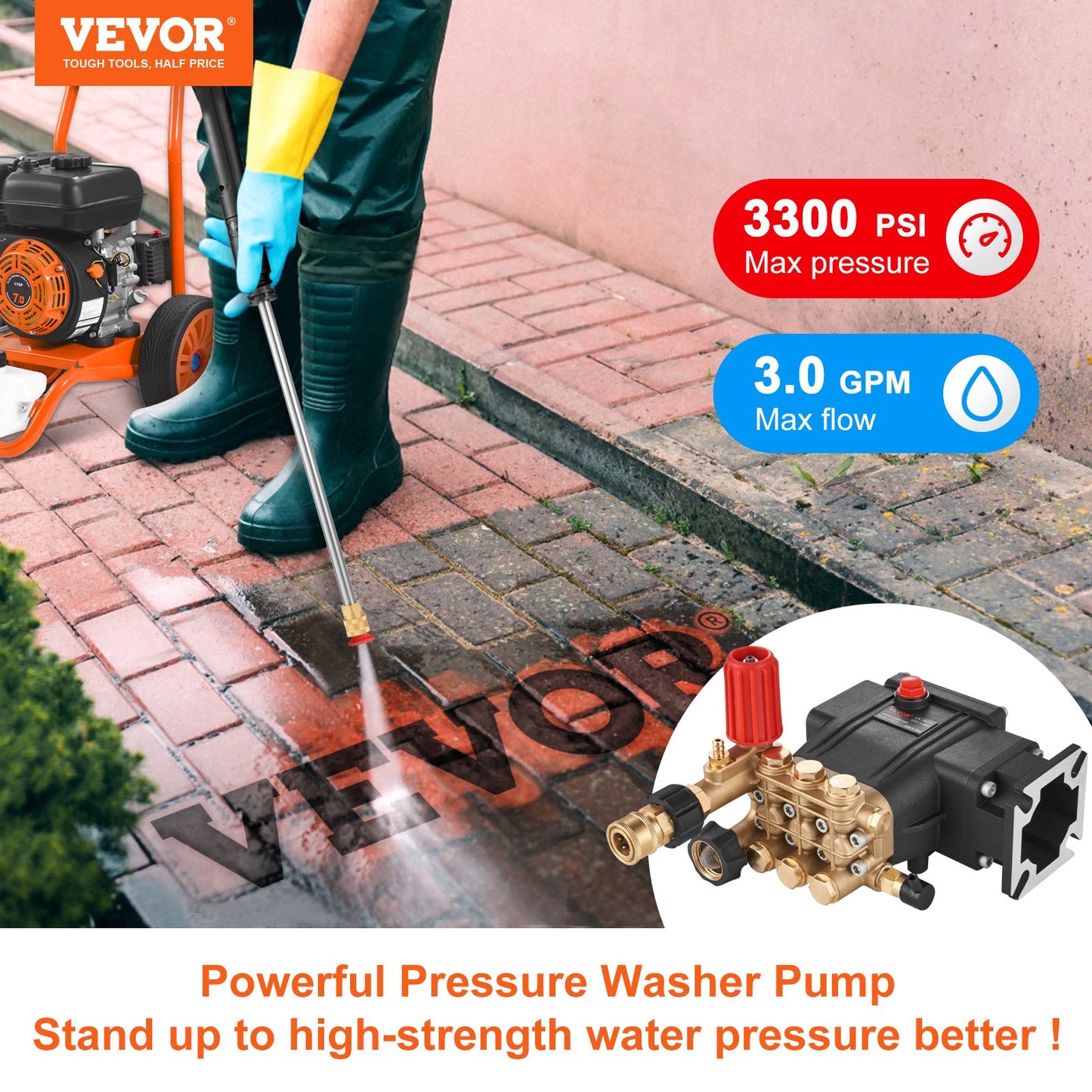 Pressure Washer Pump, 3/4" Shaft Horizontal Triplex Plunger, 3700 PSI, 2.5 GPM, Replacement Power Washer Pumps Kit, Parts Washer Pump, Compatible with Simpson MorFlex Models 40224, 40225, 40226