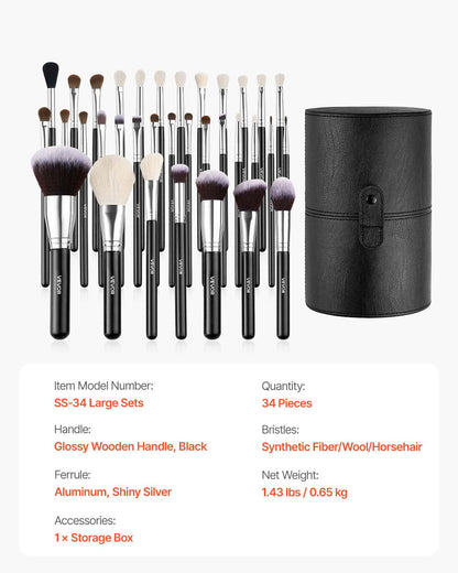 34-Piece Makeup Brush Set, Professional Brushes Kit for Foundation Blending Eyeshadow Concealer Blush - with Soft Bristles, Ergonomic Wood Handle, Travel-Friendly Case Included