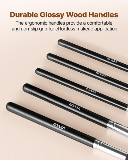 15-Piece Makeup Brush Set for Foundation Blending Eyeshadow, Professional Vegan Brushes with Soft Synthetic Bristles, Ergonomic Wood Handle & Aluminum Ferrule, Portable and Travel-Friendly