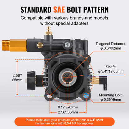 Pressure Washer Pump, 3/4" Shaft Horizontal, 3500 PSI, 2.5GPM, Replacement Power Washer Pumps Kit with 5 Nozzles, Hardware and Siphon Tube, Compatible with Simpson, Honda, Troy-Bilt, Generac