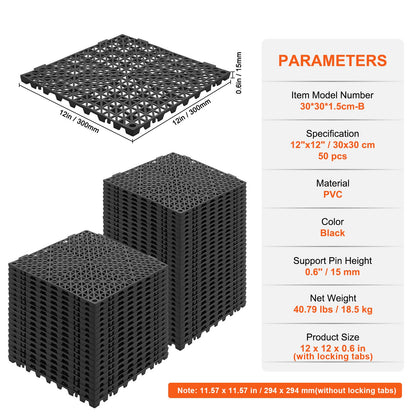 Interlocking Tile 50PCS Black, Drainage Tiles 12" x 12" Splicing, Soft PVC Interlocking Drainage Floor Tiles, Non-Slip Drainage Holes for Restroom, Bathroom, Kitchen, Pool, Wet Areas