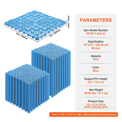 Interlocking Tile 50PCS Blue, Drainage Tiles 12" x 12" Splicing, Soft PVC Interlocking Drainage Floor Tiles, Non-Slip Drainage Holes for Restroom, Bathroom, Kitchen, Pool, Wet Areas