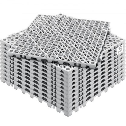 Modular Interlocking Cushion, 12 Pack 12" x 12" Splicing Drainage Mats, Soft PVC Interlocking Drainage Floor Tiles, Non-Slip Drainage Holes for Restroom, Bathroom, Kitchen, Pool, Wet Areas, Gray