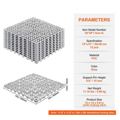 Modular Interlocking Cushion, 12 Pack 12" x 12" Splicing Drainage Mats, Soft PVC Interlocking Drainage Floor Tiles, Non-Slip Drainage Holes for Restroom, Bathroom, Kitchen, Pool, Wet Areas, Gray