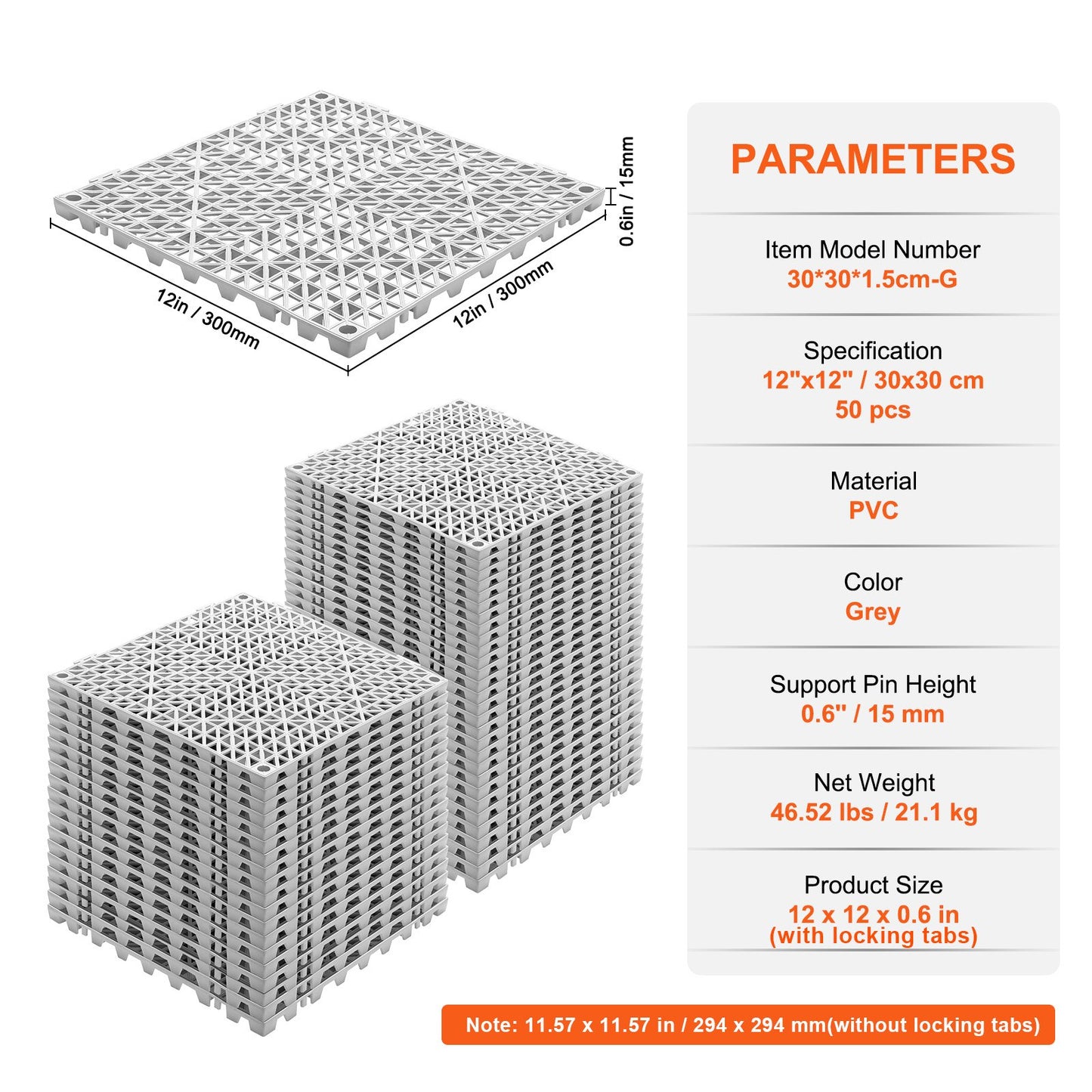 Interlocking Tile 50PCS Gray, Drainage Tiles 12" x 12" Splicing, Soft PVC Interlocking Drainage Floor Tiles, Non-Slip Drainage Holes for Restroom, Bathroom, Kitchen, Pool, Wet Areas