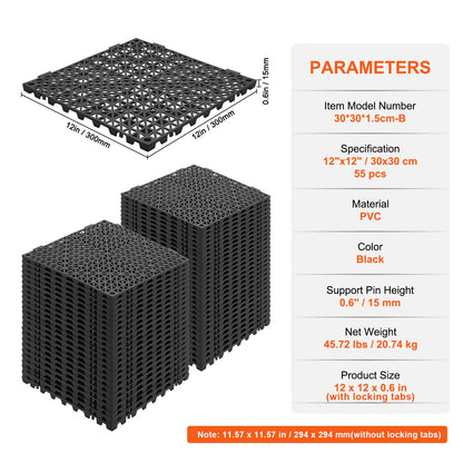 Interlocking Tile 55PCS Black, Drainage Tiles 12" x 12" Splicing, Soft PVC Interlocking Drainage Floor Tiles, Non-Slip Drainage Holes for Restroom, Bathroom, Kitchen, Pool, Wet Areas