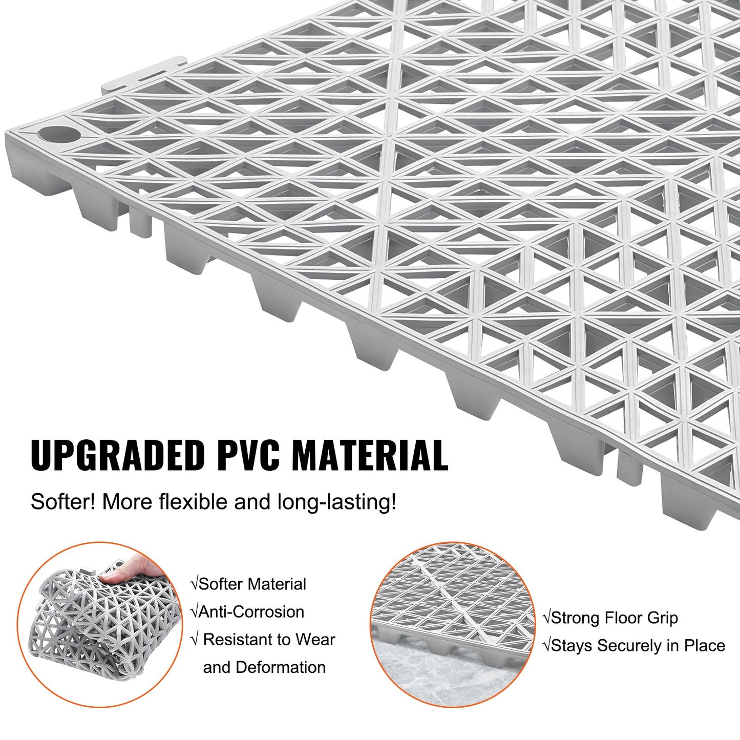 Interlocking Tile 55PCS Grey, Drainage Tiles 12" x 12"x 0.6 Splicing, Soft PVC Interlocking Floor Tiles, Non-Slip Drainage Holes for Restroom, Bathroom, Kitchen, Pool, Wet Area