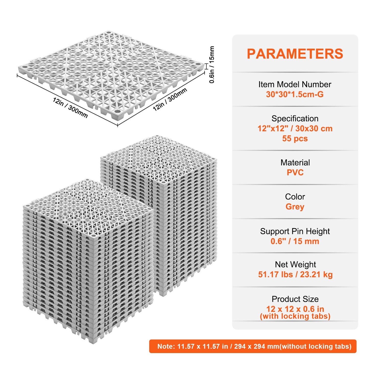 Interlocking Tile 55PCS Grey, Drainage Tiles 12" x 12"x 0.6 Splicing, Soft PVC Interlocking Floor Tiles, Non-Slip Drainage Holes for Restroom, Bathroom, Kitchen, Pool, Wet Area