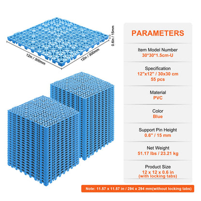Interlocking Tile 55PCS Blue, Drainage Tiles 12" x 12" Splicing, Soft PVC Interlocking Drainage Floor Tiles, Non-Slip Drainage Holes for Restroom, Bathroom, Kitchen, Pool, Wet Areas, Blue
