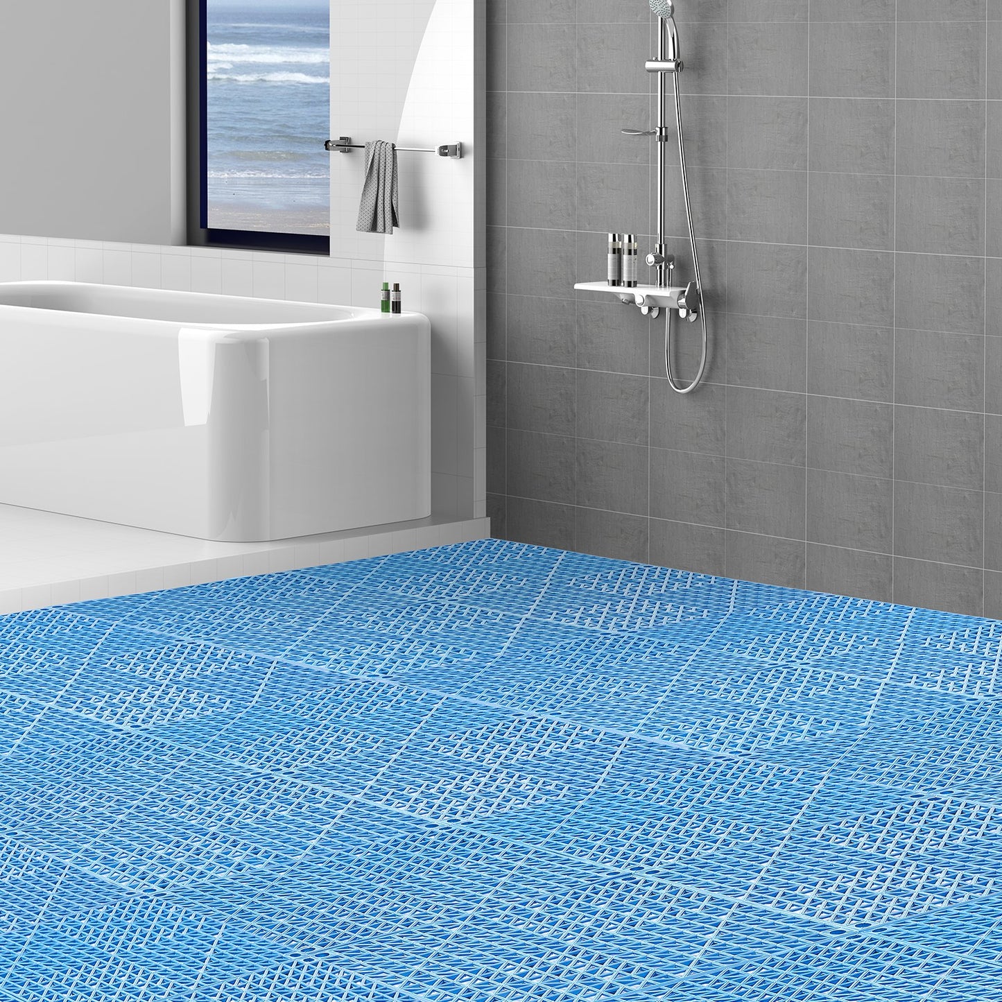 Interlocking Tile 55PCS Blue, Drainage Tiles 12" x 12" Splicing, Soft PVC Interlocking Drainage Floor Tiles, Non-Slip Drainage Holes for Restroom, Bathroom, Kitchen, Pool, Wet Areas, Blue