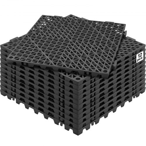 Modular Interlocking Cushion, 12 Pack 12" x 12" Splicing Drainage Mats, Soft PVC Interlocking Drainage Floor Tiles, Non-Slip Drainage Holes for Restroom, Bathroom, Kitchen, Pool, Wet Areas, Blac