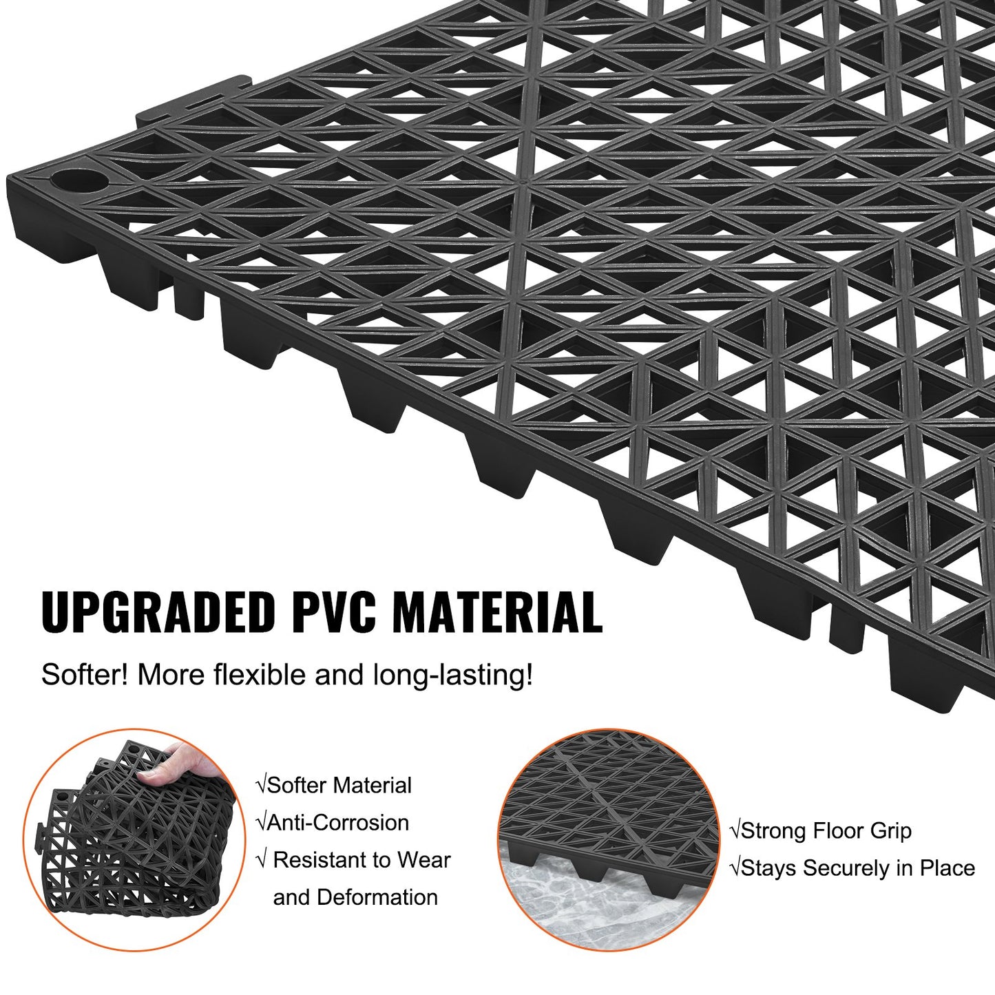 Modular Interlocking Cushion, 12 Pack 12" x 12" Splicing Drainage Mats, Soft PVC Interlocking Drainage Floor Tiles, Non-Slip Drainage Holes for Restroom, Bathroom, Kitchen, Pool, Wet Areas, Blac
