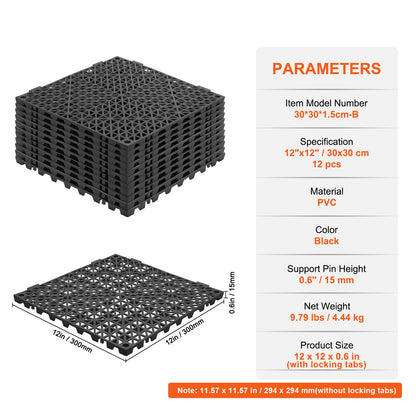 Modular Interlocking Cushion, 12 Pack 12" x 12" Splicing Drainage Mats, Soft PVC Interlocking Drainage Floor Tiles, Non-Slip Drainage Holes for Restroom, Bathroom, Kitchen, Pool, Wet Areas, Blac