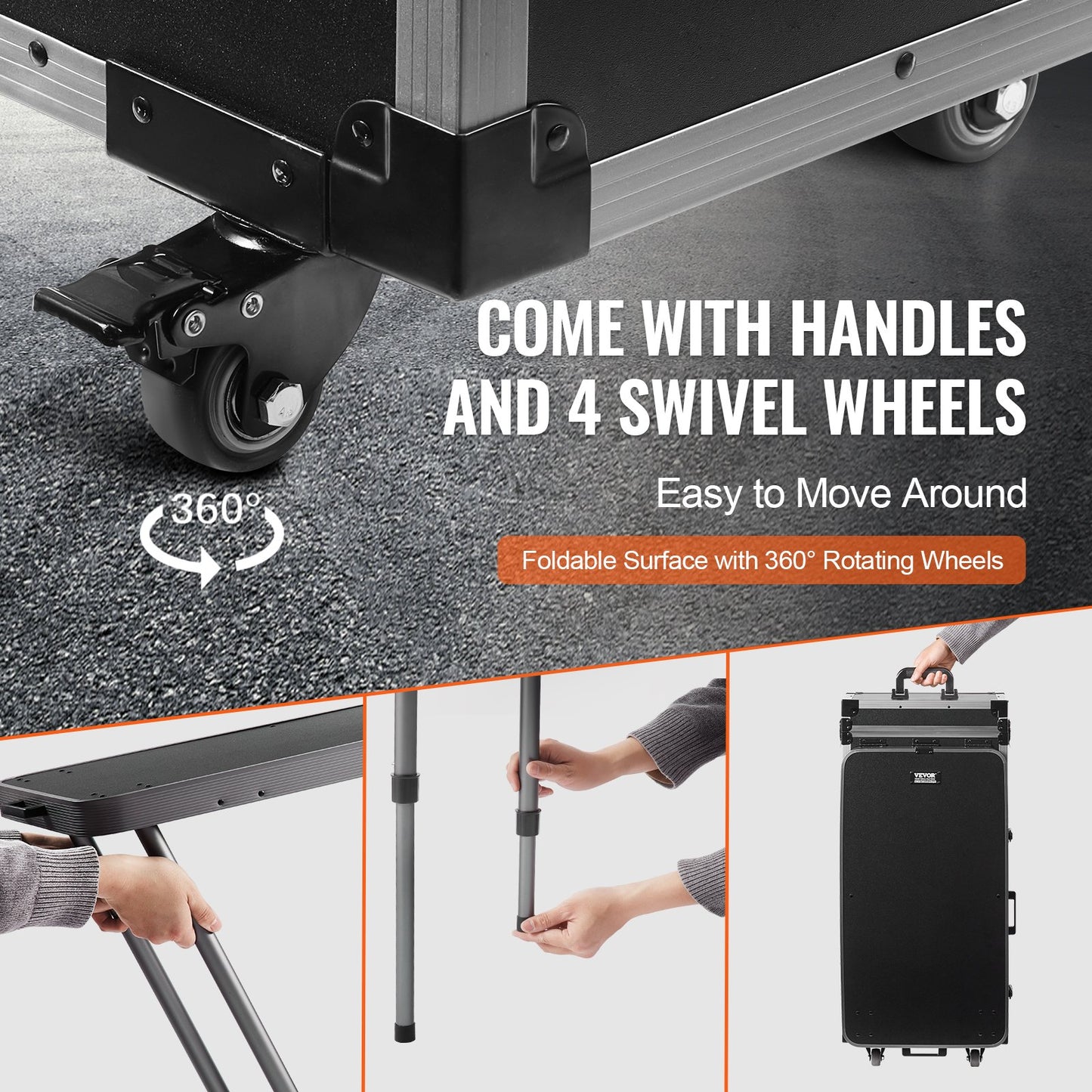 Professional Makeup Train Case Kosmetisk väska i aluminium, arbetsbänk med stödjande ben, rullande sminkväska Extra stor vagn Makeup Travel Organizer, med 360° svängbara hjul, svart