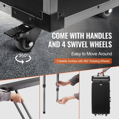 Professional Makeup Train Case Kosmetisk väska i aluminium, arbetsbänk med stödjande ben, rullande sminkväska Extra stor vagn Makeup Travel Organizer, med 360° svängbara hjul, svart