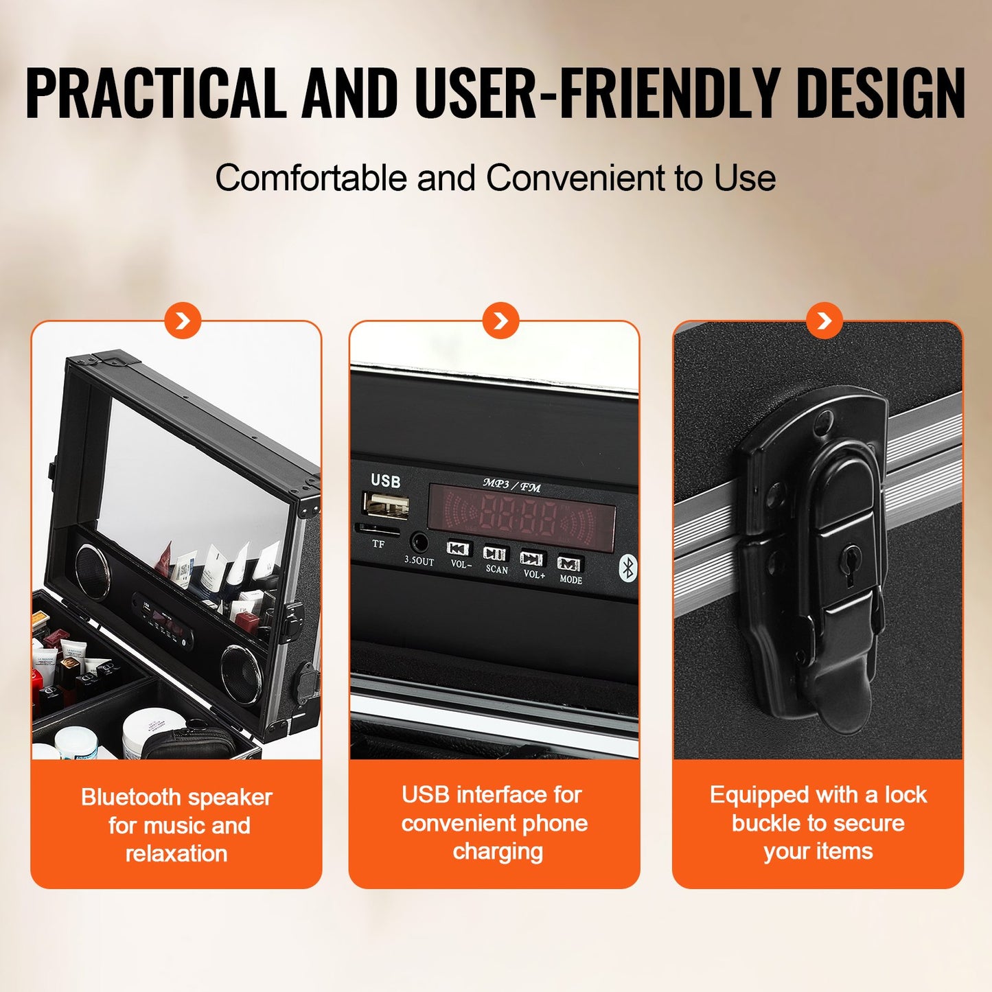 Professional Makeup Train Case Kosmetisk väska i aluminium, arbetsbänk med stödjande ben, rullande sminkväska Extra stor vagn Makeup Travel Organizer, med 360° svängbara hjul, svart