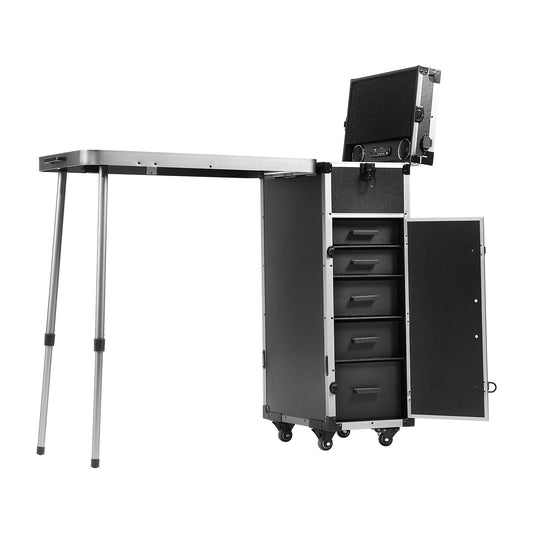 Professioneller Make-up-Koffer aus Aluminium, Kosmetikkoffer, Werkbank mit Stützbeinen, Roll-Make-up-Koffer, extra großer Trolley, Make-up-Reise-Organizer, mit 360°-Drehrädern, Schwarz
