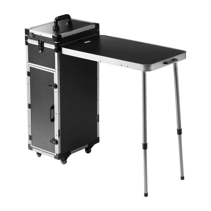 Professional Makeup Train Case Kosmetisk väska i aluminium, arbetsbänk med stödjande ben, rullande sminkväska Extra stor vagn Makeup Travel Organizer, med 360° svängbara hjul, svart