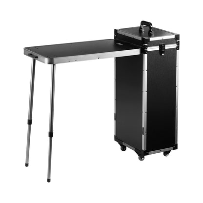 Professional Makeup Train Case Kosmetisk väska i aluminium, arbetsbänk med stödjande ben, rullande sminkväska Extra stor vagn Makeup Travel Organizer, med 360° svängbara hjul, svart